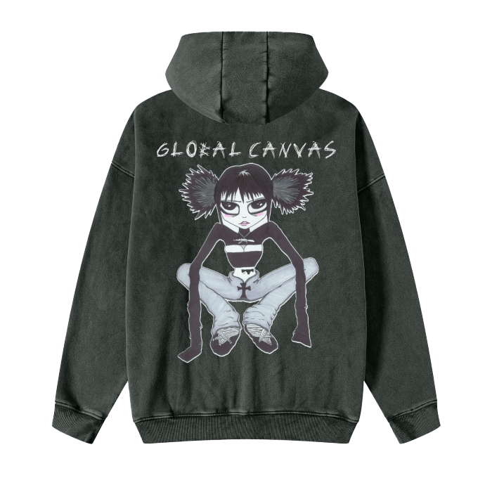 MADDIE SALAZAR HAND DRAWING - Acid Wash Zip Fleeced Hoodie